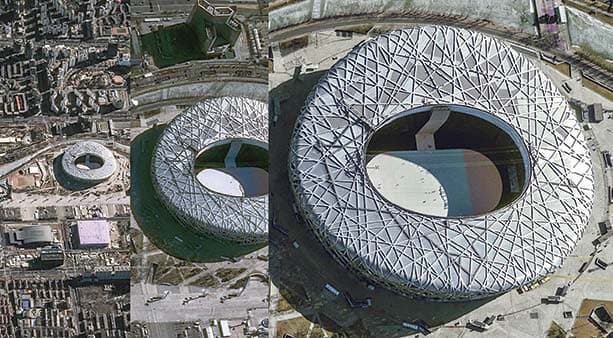 From left to right: 1.5m, 50cm and 30cm resolution imagery over Beijing National Stadium.
