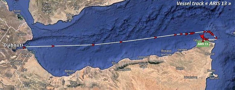 Vessel track of Aris13tanker from Djibouti to Mogadishu